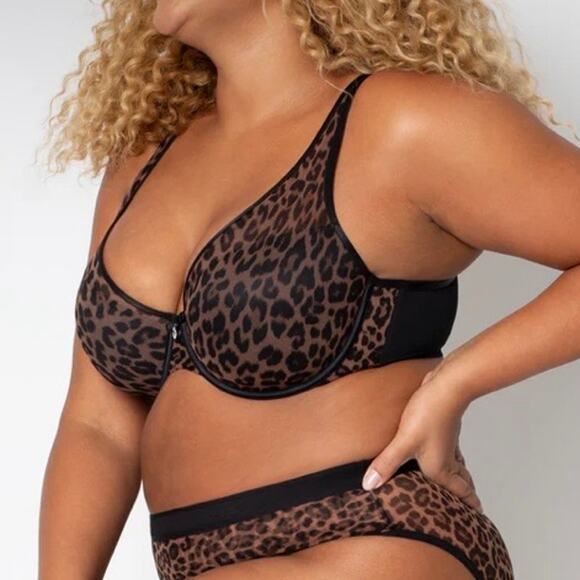 Curvy Couture NWT 40H Sheer Mesh Plunge T-Shirt Bra in Designer Leopard Print - Picture 3 of 16